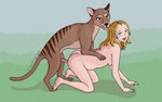 all_fours animal_genitalia animal_penis bestiality blonde_hair blue_eyes breasts brown_body brown_eyes brown_fur duo female feral fur genitals hair human_penetrated male male/female nude open_mouth penetration penis simple_background stripes thylacine_penis insaneproxy_(artist) dasyuromorph human mammal marsupial recently_extinct_species thylacine hi_res