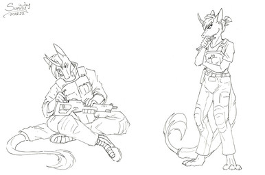 anthro clothing duo equis_universe etergarians female footwear male paws race shoes tail text weapon sunny_way ki'rinaes 2022 black_and_white concept_art dated english_text handwritten_text monochrome signature sketch traditional_media_(artwork)