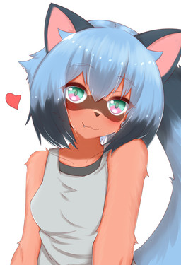 anthro black_body black_fur black_hair blue_body blue_fur blue_hair blush breasts brown_body brown_fur brown_nose clothed clothing cute_fangs dipstick_tail facial_markings fangs female female_anthro fully_clothed fur green_eyes hair happy head_markings heart_symbol kemono looking_at_viewer markings mask_(marking) multicolored_body multicolored_eyes multicolored_fur multicolored_tail pink_eyes shirt short_hair simple_background small_breasts smile smiling_at_viewer solo tail tail_markings tan_body tan_fur tank_top teeth topwear white_background horokusa0519 brand_new_animal studio_trigger michiru_kagemori canid canine mammal raccoon_dog tanuki 2022 digital_media_(artwork) half-length_portrait hi_res portrait translated_description