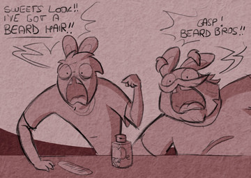 4_fingers anthro arms_bent beard black_eyes bottle brown_beard brown_clothing brown_eyebrows brown_facial_hair brown_mustache brown_sclera brown_shirt brown_t-shirt brown_teeth brown_tongue brown_topwear brush clothed clothed_anthro clothed_male clothing comb_(brush) container counter dialogue duo exclamation_point eyebrows facial_hair fingers floating_eyebrows frown gasp gesture hair hairbrush hand_gesture long_ears male mustache nickname no_eyebrows noseless open_frown open_mouth pointing pointing_at_self shirt short_hair surprised t-shirt talking_to_another teeth text thick_eyebrows tongue topwear yelling yelling_at_another randomrabbidramblings raving_rabbids rayman_(series) ubisoft sweetlopek t.s._woodrow lagomorph mammal rabbid 2023 brown_theme digital_drawing_(artwork) digital_media_(artwork) english_description english_text shaded