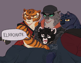 anthro baseball_cap black_hair clothed clothing cuddling dialogue ear_piercing ear_ring facial_piercing female fully_clothed fur group hair hat headgear headwear jacket larger_female lip_piercing male male/female markings melanistic muscular muscular_anthro muscular_female orange_body orange_fur piercing ring_piercing size_difference snakebite_piercing spots spotted_body spotted_fur striped_body striped_fur stripes surrounded text topwear under_covers thalywoofy dreamworks goat_(movie) kung_fu_panda sony_corporation sony_pictures the_bad_guys jett_fillmore kitty_kat_(the_bad_guys) master_tigress felid leopard mammal pantherine procyonid raccoon snow_leopard tiger english_text hi_res female_(lore)
