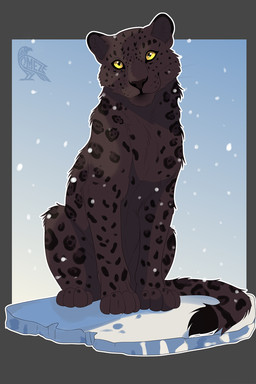 feral fur looking_at_viewer male melanistic paws semi-realistic semi-realistic_feral sitting snow spots omez felid leopard mammal pantherine