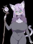 5_fingers anthro big_breasts blush breasts chest_tuft cloak clothed clothing female fingers fur green_eyes grey_body grey_fur hair huge_breasts kemono purple_body purple_fur purple_hair ring solo staff standing tuft mizo_ne domestic_cat felid feline felis mammal alpha_channel