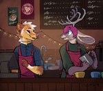 ambiguous_gender anthro antlers apron barista clothed clothing coffee_shop digitigrade duo eye_contact eyes_closed fully_clothed horn looking_at_another male mood_lighting smile standing workplace soyyemilk robinbanks jackalope lagomorph mammal mephitid skunk 2019 digital_drawing_(artwork) digital_media_(artwork) hi_res