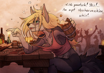 alcohol anthro barbell_piercing beer beverage breasts card clothed clothing dice drunk female food fruit grape green_eyes hair navel navel_piercing nipple_piercing nipples pantsless party piercing piercing_outline plant shirt substance_intoxication tank_top tankard tongue tongue_out topwear danogambler charity_cross canid canine canis mammal wolf absurd_res hi_res