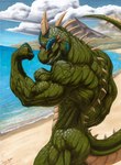 anthro back_muscles beach biceps big_muscles blue_sky butt cloud deltoids flexing green_body green_scales looking_at_viewer looking_back looking_back_at_viewer male mountain muscular muscular_anthro muscular_male nude orange_eyes raised_tail sand scales sea sky smile solo tail teeth vein veiny_muscles water djdarkfox reptile_cynrik_(character) reptile scalie hi_res traditional_media_(artwork)