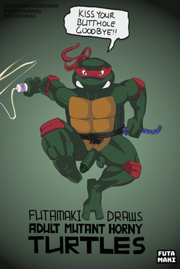 anthro balls bandana_on_head condom_wrapper erection genitals green_body green_skin humanoid_genitalia humanoid_penis lube_bottle male ninja penis running running_towards_viewer shell solo text warrior futamaki teenage_mutant_ninja_turtles teenage_mutant_ninja_turtles_(1987) raphael_(tmnt) reptile scalie turtle english_text hi_res