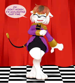 anthro bell black_clothing blonde_hair_tips brown_hair checkered checkered_floor circus clothing curtains eyebrows eyes_closed eyewear female fur glasses gold_accessory hair implied_transformation jingle_bell multicolored_hair nervous nervous_smile orange_eyebrows orange_hair purple_clothing rectangular_glasses red_curtains sharp_teeth solo teeth whip white_body white_ears white_fur white_hair mentalcrash glitch_productions the_amazing_digital_circus felid lion mammal pantherine absurd_res hi_res