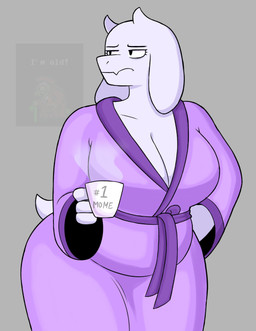 2_horns anthro bathrobe bathrobe_only big_breasts breasts cleavage clothed clothing container cup eye_bags female frown fur hand_on_hip head_turned holding_container holding_cup holding_mug holding_object horn mature_female mug narrowed_eyes purple_bathrobe purple_clothing purple_robe robe short_tail simple_background slightly_chubby slightly_chubby_anthro slightly_chubby_female solo standing steam tail text thick_thighs white_body white_fur wide_hips sketchfins undertale_(series) toriel boss_monster_(undertale) bovid caprine goat mammal 2025 absurd_res english_text hi_res