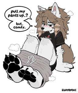 4_fingers 4_toes anthro arm_tuft barefoot big_feet big_hands black_boxers black_clothing black_pawpads black_shirt black_topwear black_underwear blush bottomwear bottomwear_down boxer_briefs boxers_(clothing) brown_hair claws clothed clothed_anthro clothed_female clothing comfy dialogue elbow_tuft feet female female_anthro finger_claws fingers foot_focus foot_tuft fur grey_bottomwear grey_clothing grey_pants hair hindpaw inner_ear_fluff knee_tuft lazy leg_tuft markings mole_(marking) open_mouth pants pants_around_ankles pants_down pants_falling_down partially_clothed paw_tuft pawpads paws sagging_pants shirt simple_background soles solo speech_bubble text text_on_clothing text_on_shirt text_on_topwear toe_claws toes topwear tuft underwear wardrobe_malfunction white_background white_body white_fur white_inner_ear_fluff jayrnski fry_(jayrnski) canid canine canis hybrid mammal wolfdog 2026 absurd_res english_text hi_res