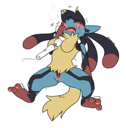 3_toes anthro black_body black_fur blue_body blue_fur breasts chest_spike crotch_blush curling_toes featureless_breasts featureless_crotch feet female female_anthro fur nude nude_anthro nude_female null pawpads pink_pawpads red_body red_fur sex_toy solo spikes spikes_(anatomy) toes vibrator yellow_body yellow_fur shugowah nintendo pokemon ashii generation_6_pokemon mega_evolution mega_lucario pokemon_(species) hi_res