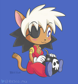 anthro black_hair bomb chibi explosives eye_patch eyewear female hair sitting solo white_hair rriesgo cyberconnect2 little_tail_bronx tail_concerto alicia_pris felid feline felineko mammal 2022