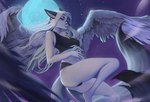 anthro black_nose breasts clothing detailed_background eyebrows eyelashes feathered_wings feathers female hair heterochromia midriff moon navel night outside sky smile solo star starry_sky white_body white_feathers white_hair wings vagabondbastard orphen canid canine fox hybrid mammal 2021 digital_media_(artwork) hi_res