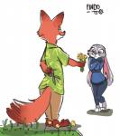 anthro blush clothing duo female flower fur grey_body grey_fur long_ears male orange_body orange_fur plant police police_uniform simple_background standing uniform white_background findo disney zootopia judy_hopps nick_wilde canid canine european_rabbit fox lagomorph leporid mammal oryctolagus rabbit red_fox true_fox hi_res