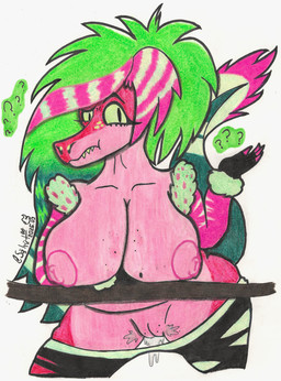 anthro big_breasts bodily_fluids breasts confusion female genital_fluids solo standing vaginal_fluids salyut_(artist) hazbin_hotel hellaverse missi_zilla zeezi_(hazbin_hotel) demon dinosaur prehistoric_species reptile scalie absurd_res hi_res