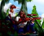 anthro clothing duo everglades female gun hunting hunting_rifle mini-14 nature outside ranged_weapon rifle swamp weapon blueondrive rift_seekers_saga shaaux_kautner zahra_borngen dinosaur dromaeosaurid prehistoric_species reptile scalie theropod velociraptor