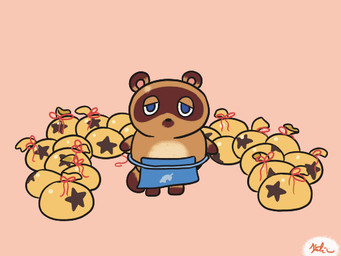animated_gif apron blue_eyes bottomwear bouncing clothing dancing featureless_feet featureless_hands feet half-closed_eyes loincloth male money_bag narrowed_eyes pink_background simple_background smile solo star keke_(artist) animal_crossing nintendo tom_nook_(animal_crossing) canid canine mammal raccoon_dog tanuki 2017 2d_animation 4:3 animated frame_by_frame short_playtime