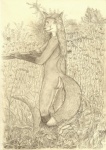 anthro biped dipstick_tail female hair long_hair looking_at_viewer markings multicolored_tail nude outside raethe side_view solo standing tail tail_markings wharton william_wharton n2o canid canine fox mammal hi_res monochrome sepia