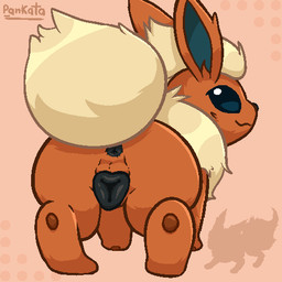 animal_genitalia animal_vulva anus canine_genitalia canine_vulva darkened_genitalia female feral fluffy fluffy_tail fur genitals looking_at_viewer looking_back neck_tuft orange_body orange_fur pawpads presenting presenting_anus presenting_vulva simple_background solo standing tail tuft vulva pankatares nintendo pokemon canid canine eeveelution flareon generation_1_pokemon mammal pokemon_(species) 1:1 low_res