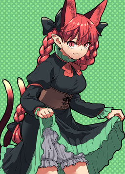 2_tails 4_ears :3 accessory black_clothing black_dress black_tail bloomers bottomwear bow_ribbon braided_hair breasts cat_smile clothed clothing clothing_lift dotted_background dress dress_lift female frilly frilly_clothing frilly_dress green_background hair hair_accessory hair_bow hair_ribbon humanoid_pointy_ears looking_at_viewer multi_ear multi_tail pattern_background pigtails pointy_and_animal_ears pointy_ears puffy_sleeves pupils red_eyes red_hair ribbons simple_background slit_pupils solo tail twin_braids twintails_(hairstyle) white_bloomers white_bottomwear white_clothing urazasa asian_mythology east_asian_mythology japanese_mythology mythology touhou rin_kaenbyou animal_humanoid cat_humanoid felid felid_humanoid feline feline_humanoid humanoid mammal mammal_humanoid nekomata yokai absurd_res hi_res
