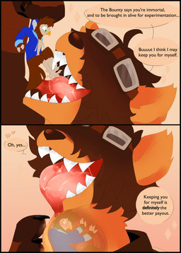 anthro black_border bodily_fluids border brown_body brown_feathers brown_fur clothing dialogue duo extreme_size_difference feathers fur licking male male/male male_pred male_prey murky orange_body orange_fur saliva size_difference swallowed_alive swallowing teasing text tongue vore murksworks gearbird poink_(moodymustelid) avian barn_owl bird mammal mustelid owl polecat_(mustelid) tyto tytonid absurd_res english_text hi_res