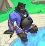 anthro belly big_belly black_body black_fur blue_eyes claws clothing fur grass hand_on_belly male muscular muscular_anthro muscular_male outside pecs plant pregnant pregnant_anthro pregnant_male robe sitting smile solo swimming_pool tree water birdaftermidnight final_fantasy final_fantasy_xiv square_enix felid feline hrothgar mammal 2022 hi_res