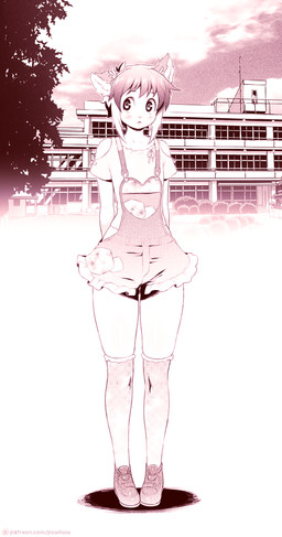 accessory anthro blush blush_lines building clothed clothed_anthro clothed_male clothing cloud detailed_background femboy fluffy_ears footwear hands_behind_back headband heart_symbol knee_highs knee_socks legwear looking_away male outside overalls patreon_logo plant shirt shoes shrub sky socks solo standing text topwear tree powfooo patreon mio_(powfooo) domestic_cat felid feline felis mammal 2016 hi_res url