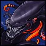 anthro ben_day_dots bodily_fluids drooling eyeless male open_mouth saliva saliva_bubble saliva_string sharp_teeth smile smiling_at_viewer solo teeth kalimah alien_(franchise) varzek_(character) alien hybrid sergal xenomorph 1:1 2021 headshot_portrait hi_res portrait