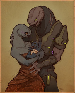 ambiguous_gender anthro armor baby clothed clothing dress female flat_chested green_eyes group hand_on_hip hand_on_neck holding_baby looking_at_another looking_down male open_mouth orange_eyes simple_background trio young etoli halo_(series) microsoft xbox_game_studios alien sangheili 4:5