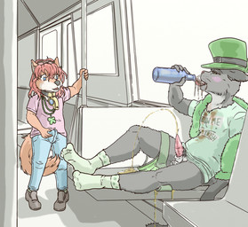 alcohol animal_genitalia animal_penis anthro balls being_watched beverage blue_eyes bodily_fluids bulge casual_urination clothed clothing drinking drunk duo erection erection_under_clothing exposure_to_minor feline_genitalia feline_penis fur genital_fluids genitals grey_body grey_fur holding_bulge holidays looking_at_another male male/male orange_body orange_fur peeing peeing_while_drinking peeing_while_erect penile_spines penis public public_nudity public_transportation rapid_transit sheath substance_intoxication subway urine urine_stream watersports white_body white_fur young young_anthro young_male lavilovi st._patrick's_day brandon_(cookiefoxbrandon) canid canine domestic_cat felid feline felis fox mammal hi_res
