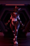 anthro armor black_body claws female fur hair hallway light looking_at_viewer lyll4_(pat3awelitas300) machine multicolored_hair outline piercing red_eyes red_hair solo toe_claws two_tone_hair visor white_body white_fur pat3awelitas300 protogen absurd_res hi_res