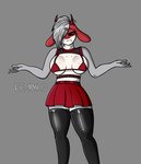 anthro arms_out big_breasts bottomwear bra breasts clothed clothing ear_piercing ear_ring female gesture grey_body hair hair_over_eye horn legwear one_eye_obstructed piercing red_bottomwear red_clothing red_ears red_eyes red_skirt ring_piercing short_hair shrug simple_background skirt smile solo standing thick_thighs thigh_highs under_boob underwear white_body paindemonoidsex ashen_(paindemonoidsex) bovid caprine caprine_demon demon goat goat_demon mammal digital_media_(artwork) hi_res