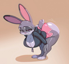 anthro ass_up bedroom_eyes bent_over big_breasts big_butt biped bottomwear breasts butt clothed clothing female fur grey_body looking_at_viewer motion_lines narrowed_eyes pupils seductive shadow shorts shortstack shortstack_female smile smiling_at_viewer solo thick_thighs wide_hips bigdad disney zootopia judy_hopps european_rabbit lagomorph leporid mammal oryctolagus rabbit 2025