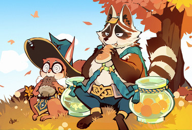 anthro autumn bread brown_body brown_fur clothing detailed_background duo eating eyes_closed eyewear food fur glasses hat headgear headwear kemono outside overweight plant sitting tree okn_369 afk_arena lilith_games pippa_(afk_arena) raku_(afk_arena) mammal procyonid raccoon rodent sciurid tree_squirrel 2021 hi_res