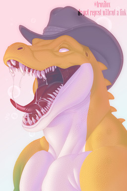 anthro bodily_fluids clothing cowboy_hat hat headgear headwear male muscular open_mouth saliva saliva_on_tongue scales sharp_teeth solo teeth tongue conditional_dnp froxifox glitch_productions the_amazing_digital_circus gummigoo_(tadc) crocodile crocodilian reptile scalie 2:3 absurd_res hi_res