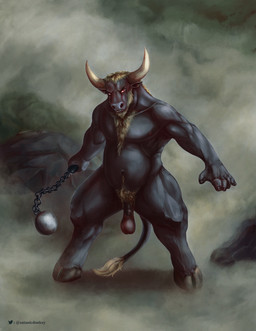 anthro balls beard black_body black_penis blonde_hair facial_hair foreskin front_view genitals hair holding_object holding_weapon humanoid_genitalia humanoid_penis male male_anthro musclegut muscular muscular_anthro muscular_male nude outside overweight overweight_anthro overweight_male penis red_eyes rock saggy_balls short_hair solo standing tail tail_tuft text tuft weapon satanic_monkey bovid bovine cattle mammal artist_name full-length_portrait hi_res portrait