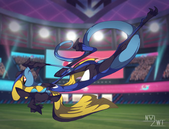 3_toes 5_fingers aiming anthro attack blue_body blurred_background feet fighting_pose fin fingers gesture hand_gesture head_fin in_the_air jumping long_tail looking_at_viewer male orange_eyes pointing pointing_at_viewer pose pupils skinny slim slit_pupils solo stretching tail toes vignette white_pupils yellow_sclera nal_wt nintendo pokemon cayde_the_inteleon generation_8_pokemon inteleon lizard pokemon_(species) reptile scalie 2025 absurd_res colored_line_art hi_res shaded shaded_line_art watermark