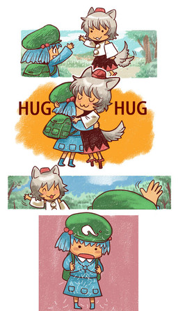 armwear asian_clothing backpack black_bottomwear black_clothing black_skirt blue_boots blue_clothing blue_dress blue_footwear blue_hair boots bottomwear chibi clothing detached_sleeves dress duo east_asian_clothing female footwear gesture geta green_backpack green_clothing green_hat green_headwear grey_hair hair hat headgear headwear hug hugging_another japanese_clothing open_mouth shedding shirt shoes short_hair skirt tail tail_motion tailwag tengu_geta tokin_hat topwear waving white_clothing white_shirt white_topwear onikobe_rin touhou momiji_inubashiri nitori_kawashiro animal_humanoid canid canid_humanoid canine canine_humanoid human humanoid mammal mammal_humanoid wolf_humanoid 4:7 4koma comic