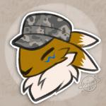 ambiguous_gender anthro camo camo_print clothing eyes_closed facial_markings fur hat head_markings headgear headwear markings military neck_tuft simple_background solo tuft white_body white_fur yellow_body yellow_fur popsular bandai_namco digimon canid canine digimon_(species) mammal renamon 1:1 2017 low_res