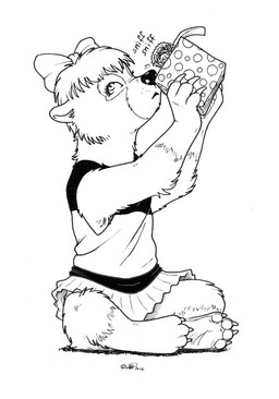 accessory anthro bow_ribbon claws clothing curious dress female gift hair hair_accessory hair_bow hair_ribbon holding_object looking_up mystery onomatopoeia ribbons short_dress short_hair sitting sitting_on_ground sniffing solo sound_effects text young young_anthro young_female james_m_hardiman penance bear mammal ursine monochrome sketch