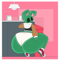 anthro big_butt black_sclera blue_eyes blush bottom_heavy briefs butt clothed clothing crouching embarrassed footwear green_body hand_on_butt huge_butt jacket looking_at_own_butt male pantsless red_clothing red_footwear red_shoes shoes slime solo tighty_whities topwear underwear white_briefs white_clothing white_underwear faststacks slime_bun_(faststacksunderscore) goo_creature lagomorph leporid mammal rabbit 2026 hi_res