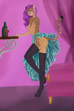 anthro bottomless bottomwear clothed clothing clothing_lift female hair legwear nipples purple_hair skirt skirt_lift solo standing stockings topless phoelixhelle felid leopard mammal pantherine 2:3 hi_res
