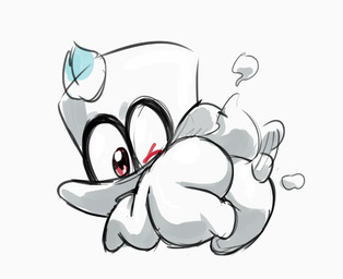 anthro anthrofied blue_hair butt butt_focus clothing hair hat headgear headwear looking_at_viewer looking_back male not_furry one_eye_closed rear_view red_eyes simple_background solo white_background white_body wink lkiws mario_bros nintendo super_mario_odyssey cappy_(mario) bonneter ghost spirit 2019 digital_media_(artwork)