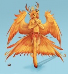 anthro antlers biped bottomwear clothing feathered_wings feathers fire_peryton fur gradient_background hooves horn loincloth male navel orange_body orange_eyes orange_fur simple_background skirt solo standing wings thumbclawz european_mythology greek_mythology mythology ilias_(schinschi) avian deer hybrid mammal mythological_avian mythological_bird mythological_creature mythological_firebird peryton phoenix