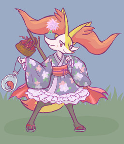 accessory ambiguous_anthro ambiguous_gender anthro asian_clothing bag biped blush closed_smile clothing detailed_background digitigrade dipstick_tail east_asian_clothing flat_chested floral_print flower flower_in_hair footwear frilly frilly_clothing grass hair hair_accessory japanese_clothing looking_at_viewer markings mouth_closed object_in_tail outside plant pokeball sandals shoes smile snout solo standing stick stick_in_tail tail tail_markings yukata gd-058 nintendo pokemon mafo-san braixen canid generation_6_pokemon mammal pokemon_(species) 2016 aliasing binary_drawing digital_drawing_(artwork) digital_media_(artwork) full-length_portrait japanese_description portrait source_request translated_description unavailable_at_source female_(lore)