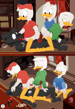 anal anal_knotting anal_penetration animal_genitalia anthro ball_gag black_body black_eyes blue_eyes bodily_fluids bottomless bottomless_anthro bottomless_male clothed clothing cum cum_from_nose cum_in_mouth cum_in_nose cum_inside cum_on_chest detailed_background erection gag genital_fluids genital_slit genitals green_clothing green_hoodie green_topwear group half-closed_eyes hat headgear headwear hoodie hoodie_only knot knotting male male/male narrowed_eyes nude open_mouth oral penetration penis red_ball_gag red_clothing red_hat red_headwear sitting_on_another sound_effects tapering_penis tongue tongue_out topwear topwear_only young young_anthro young_male conditional_dnp osterars disney ducktales ducktales_(2017) dewey_duck drucifer huey_duck louie_duck anatid anseriform avian bird bird_dog canid canine canis domestic_dog duck hunting_dog labrador mammal retriever 2025 absurd_res comic hi_res signature watermark