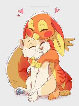 anthro beak blue_pawpads duo eyelashes eyes_closed female female/female fur heart_symbol hug hugging_another hugging_from_behind markings nude orange_body orange_fur pawpads red_markings simple_background sitting smile standing tail tan_body tan_fur whiskers white_background yellow_beak yellow_body yellow_fur azzai mango_(mangobird) shurya dasyurid dasyuromorph mammal marsupial tasmanian_devil teacup_gryphon 2020 3:4 colored colored_sketch digital_drawing_(artwork) digital_media_(artwork) shaded simple_shading sketch