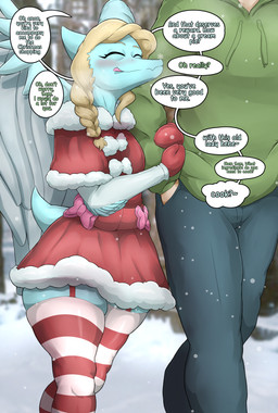 anthro blonde_hair bone_frill bottomwear braided_hair christmas_clothing christmas_dress clothing denim denim_bottomwear denim_clothing dialogue dress duo elbow_feathers eyelashes feathered_wings feathers female frill_(anatomy) green_clothing green_hoodie green_topwear grey_body grey_scales hair hand_in_pocket handwear holidays hoodie jeans legwear licking licking_lips light-skinned_male light_body light_skin male male/female mature_anthro mature_female mittens outside pants pockets scales short_tail smile snout snow snowing stockings tail text tongue tongue_out topwear wings winter frederickjdr cavemanon_studios christmas snoot_game anon_(snoot_game) samantha_(snoot_game) human mammal prehistoric_species pterodactylus pterosaur reptile scalie 2025 absurd_res english_text hi_res