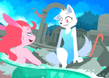 anthro building cheek_tuft clothed clothing cloud day detailed_background duo eye_contact facial_tuft female fur hair head_tuft looking_at_another open_mouth open_smile outside pink_body red_hair rock sitting sky smile split_form tuft water white_body white_fur hydrabb aquatic arctic_fox canid canine fox mammal merfolk true_fox 2021 digital_media_(artwork) hi_res lineless