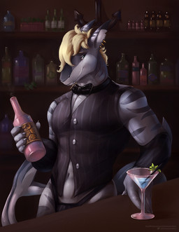 anthro bar black_clothing black_jockstrap black_topwear black_underwear black_vest blonde_hair blue_eyes bottle clothed clothing container ear_piercing ear_ring front_view gills grey_body hair holding_bottle holding_container holding_object inside jockstrap looking_at_viewer male male_anthro notched_ear piercing ring_piercing smile solo standing text topwear underwear vest satanic_monkey fish marine shark artist_name hi_res url